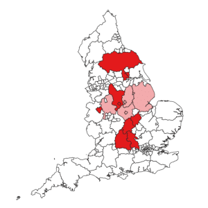 Map of England, split by local authority, showing changes in the number of local authorities without visions screening since 2019.