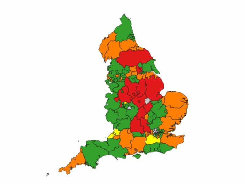 Colour coded map of England showing visions screening services by local authority.